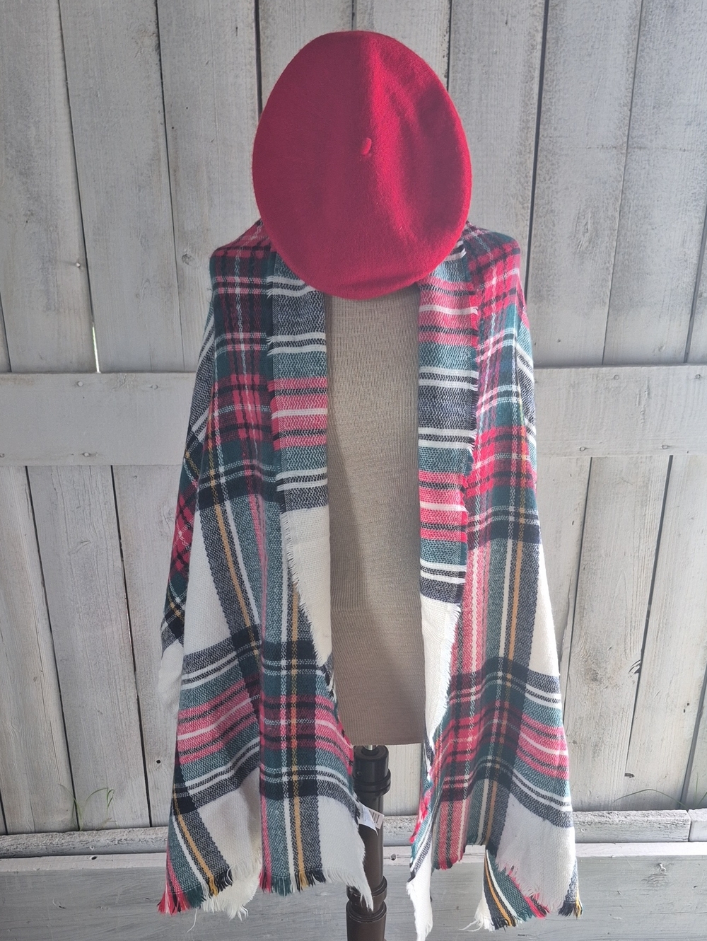 2 Pc Plaid Open-Front Wrap Scarf in Red, Green and White With Red Beret